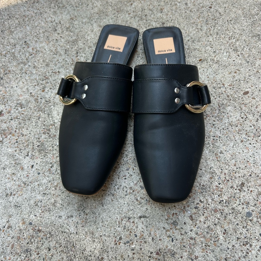 Dolce Vita Black Leather Mules with Gold Buckle